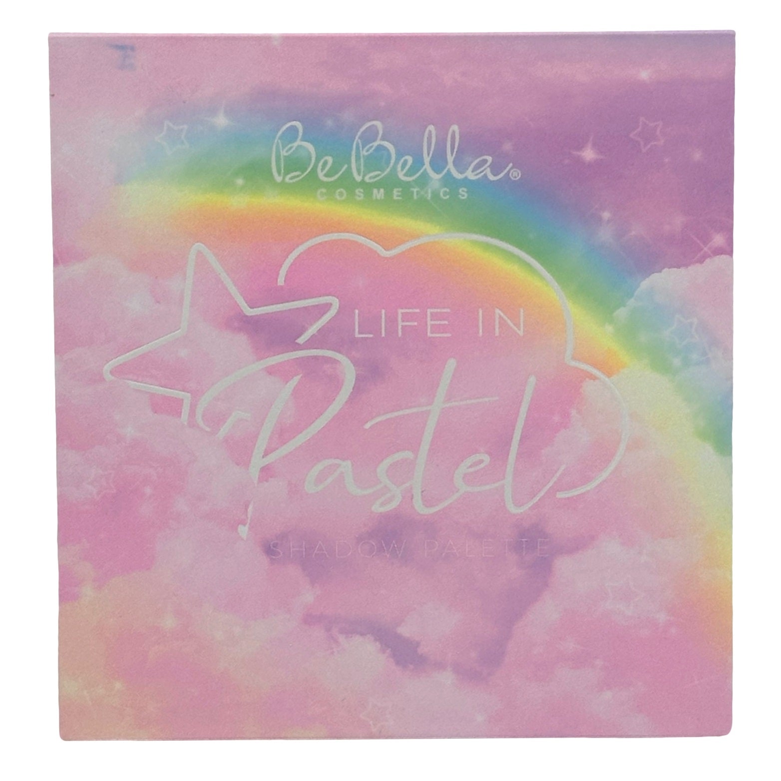 A square makeup palette with pastel colors and a rainbow design.